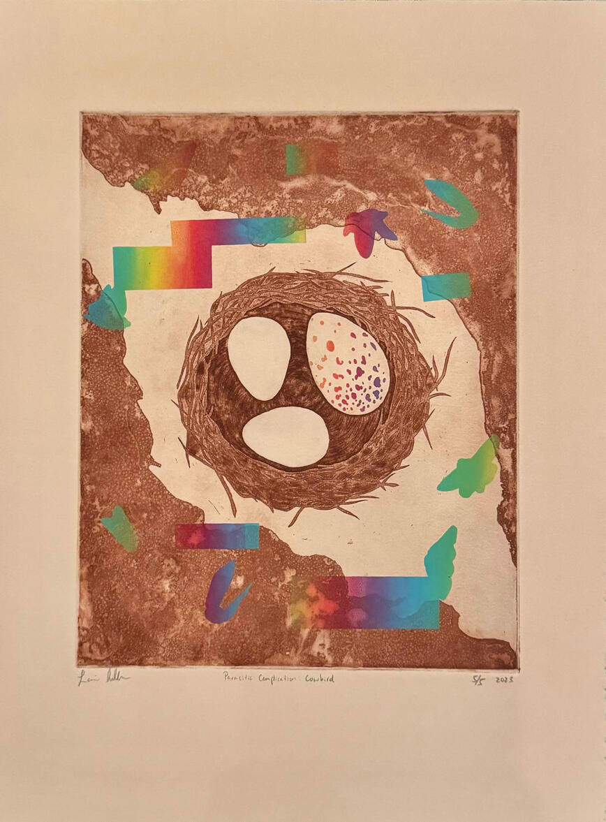 Parasitic Complications: Cowbird, Intaglio and Screenprint on Stonehenge, 11" x 15", 2023